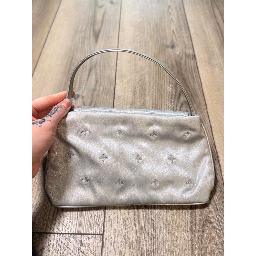 Vintage Silver Satin Embroidered Handbag Y2K Metallic Evening Bag Mini Tote